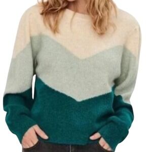 Vero Moda Ziggy Ribbed‎ Balloon Sleeve Chevron Pullover Sweater Large Blue NWT